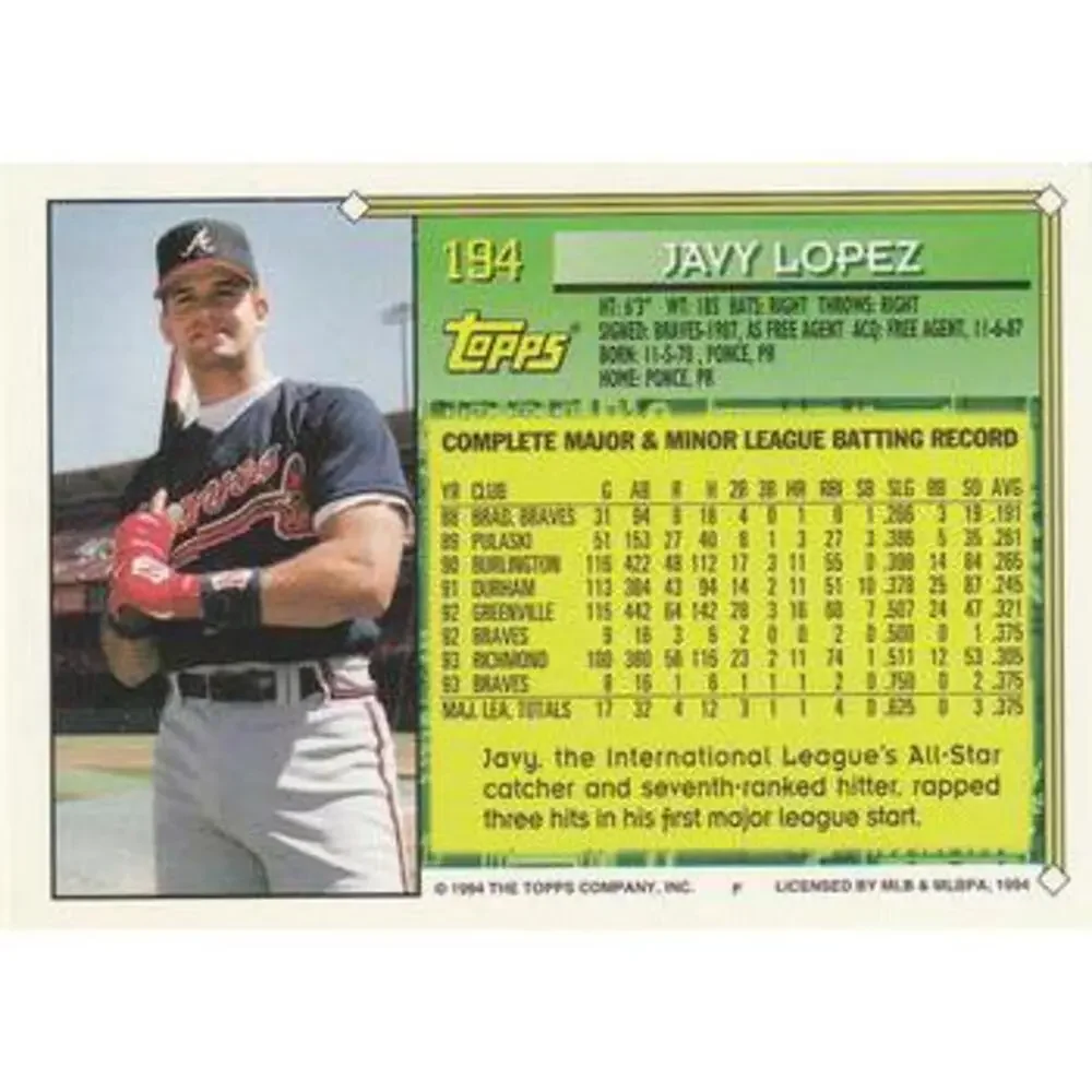 1994 Topps Javy Lopez FS # 194 Atlanta Braves